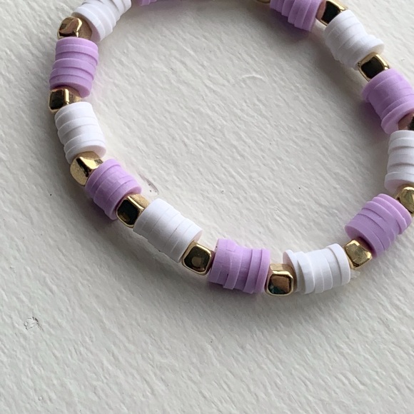 Handmade clay bead purple/white square gold beads stretchy - Picture 4 of 5